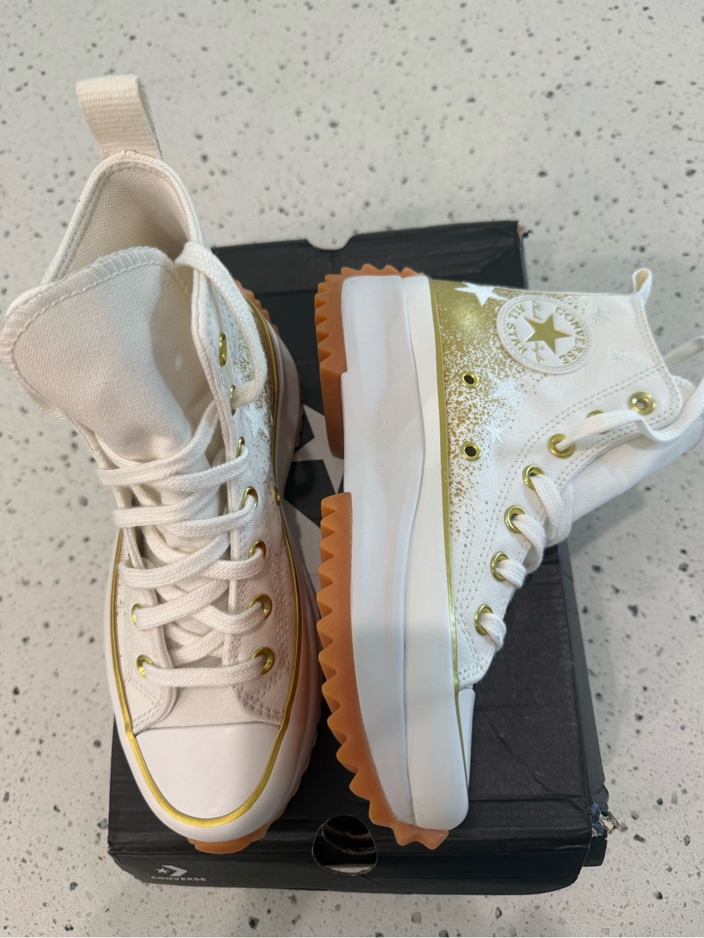 New womens Converse Sz 6.5 High-Top Shoes in White with Gold Accents